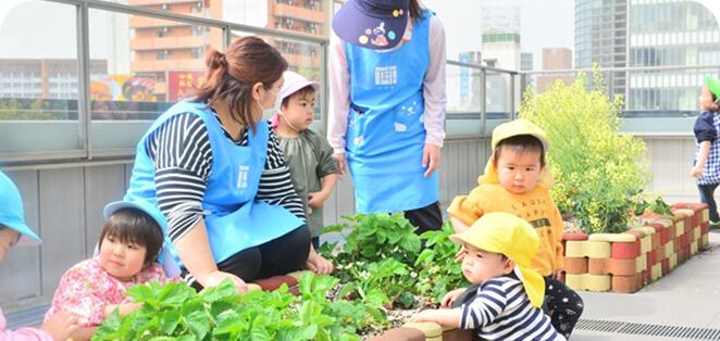 保育園で子供と植物を育てる様子